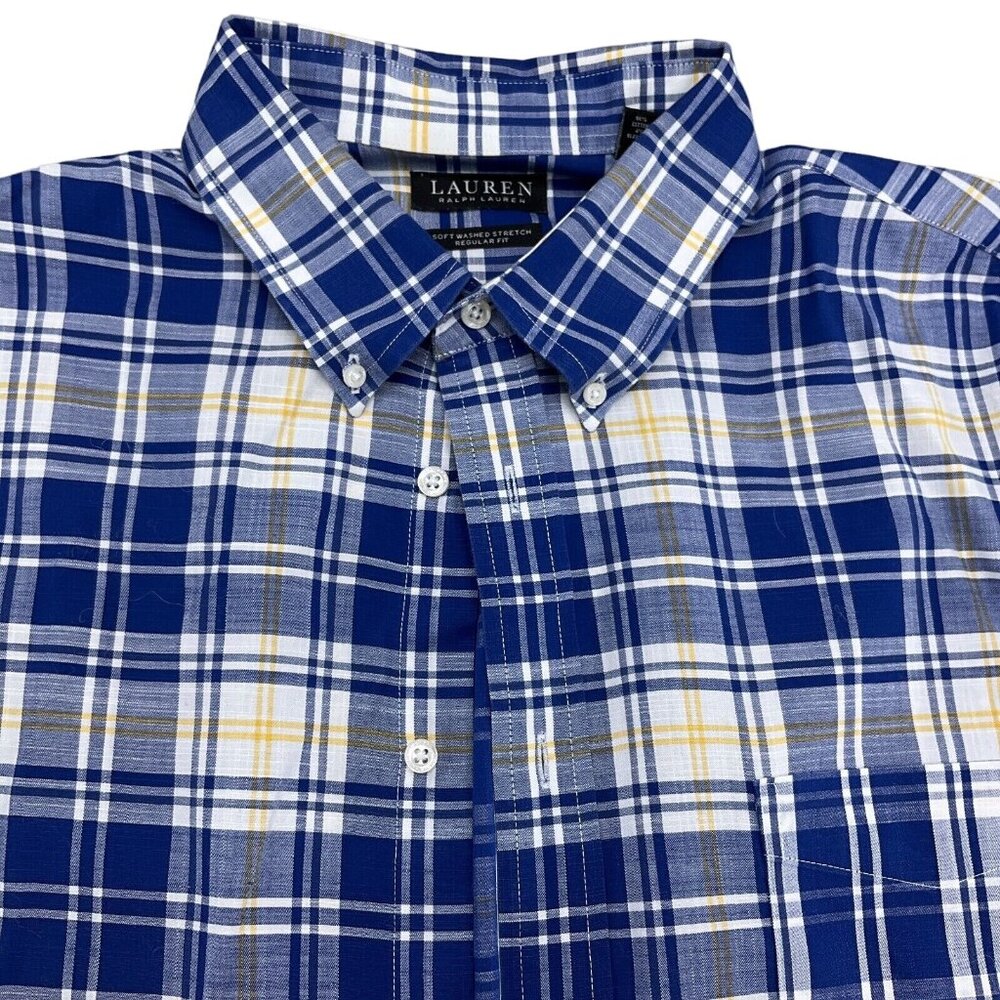 Lauren Ralph Lauren Shirt Men‎ XLarge Blue Yellow Plaid Regular Fit Soft Stretch